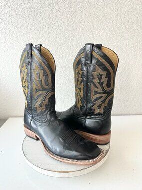 Rod Patrick Mens Black Cowboy Boots Gold Embroidery Square Toe Leather 14.5A